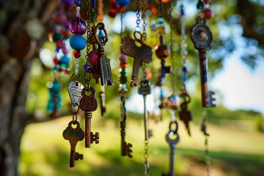 A vibrant outdoor scene with a wind chime made from old keys and colorful beads hanging from a tree branch