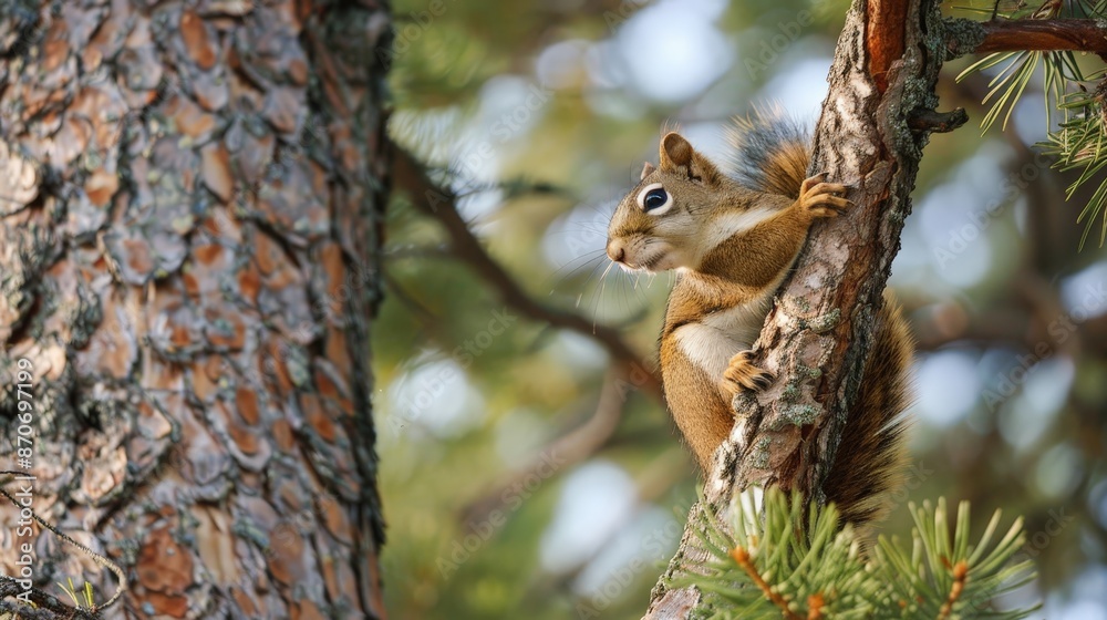 Wall mural Squirrels chatter in the treetops, their antics a lively counterpoint to the quiet serenity of the forest.