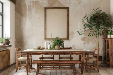 Dive into the rustic charm of a farmhouse-style dining room with a wooden dining table, bench, and chairs against a neutral beige wall, accented by a chic poster frame.