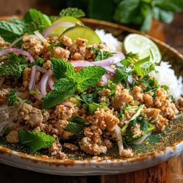 Close-up of a savory plate of larb with minced chicken