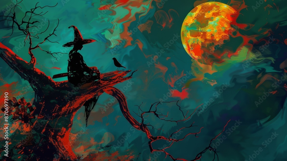 Wall mural Spooky Halloween Silhouette in Bold Colors Under Natural Light | Digital Art from High Angle View