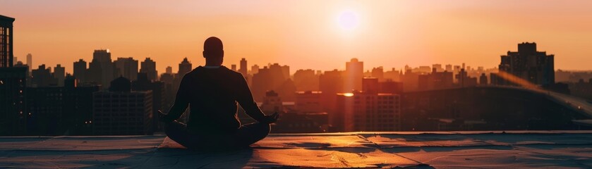 Photographer capturing man meditating on a rooftop at sunset, urban escape, meditation practice