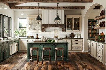 Elevate your home with the allure of a farmhouse-inspired kitchen, complete with an island and stools, adorned with green and white cabinets.