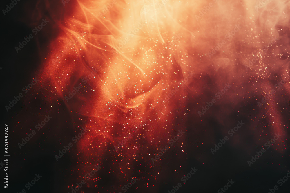 Poster abstract fiery orange and red smoke overlay with bokeh particle effect on black background, perfect 