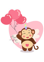 Happy unicorn monkey holding heart balloons