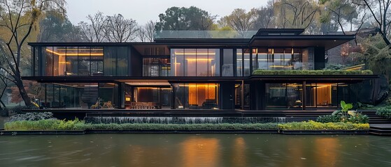 black concrete modern villa featuring transparent glass walls, allowing natural light to flood the interior while maintaining a sleek, minimalist aesthetic