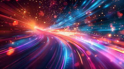 Obraz premium Abstract futuristic background with colorful glowing lights and rays of light, speed motion blur in dark space. Vector illustration design for web banner poster cover presentation or greeting card.
