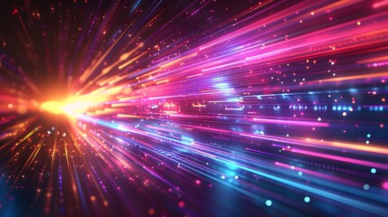 Naklejka premium Abstract futuristic background with colorful glowing lights and rays of light, speed motion blur in dark space. Vector illustration design for web banner poster cover presentation or greeting card.