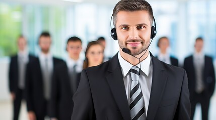 Cheerful customer service representative multitasking with computer and note taking in office