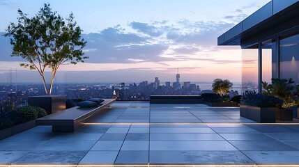 An elegant rooftop garden with a streamlined black bench, positioned centrally against a backdrop of expansive city skyline views under a twilight sky.