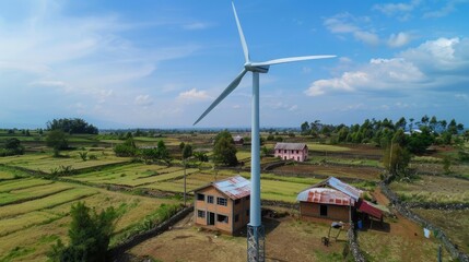 Fototapeta premium A small-scale wind turbine installation in a rural village, providing sustainable energy to off-grid homes.