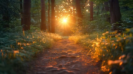 Obraz premium sunrise, the sky bursts with warm hues over a meadow, framed by majestic mountains and silhouetted trees against a backdrop of soft clouds