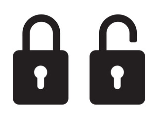 Padlock icon, security icon. Black locked unlocked padlock icon.