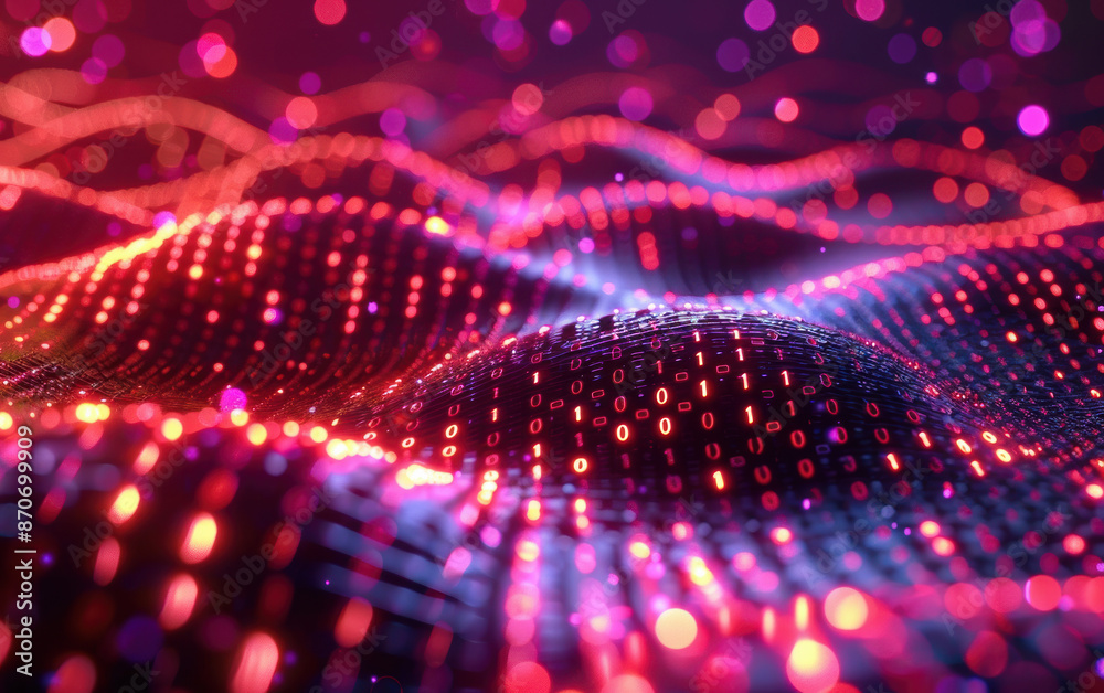 Poster abstract futuristic digital landscape with binary code overlay, glowing lights and bokeh effect. con