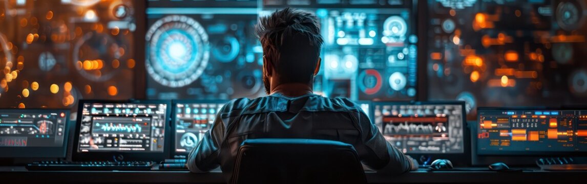 back view, a man is seen using a multi screen computer setup in a contemporary office. The screens show various global business applications and data analytics