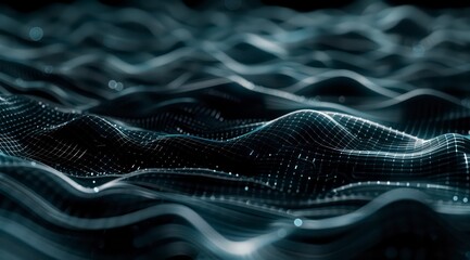 design presents a shiny black surface with intricate wave patterns in dark cyan. The grid formations are subtly blurred, creating a sense of endless flow and interconnectedness, ideal for tech-inspire