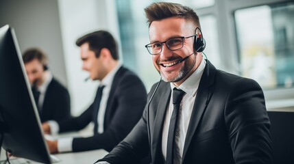 Cheerful customer service representative multitasking with computer and note taking in office
