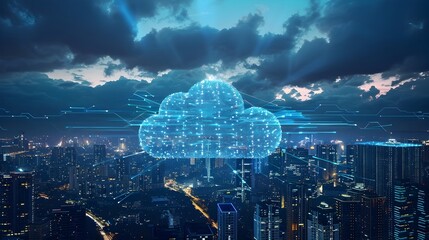 Abstract Cloud Network Overlay Illuminating a Futuristic Cityscape Symbolizing Global Data Flow and Cloud Computing