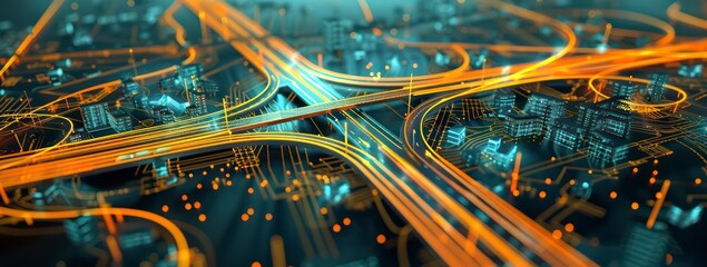 busy highway cutting through the city, freeway stretching towards the horizon, with a steady stream of vehicles traveling at high speed