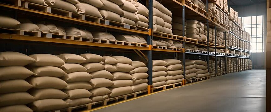 Stacks of sacks in a large, neatly arranged warehouse