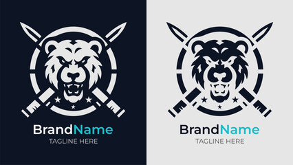 Powerful monochrome logo featuring an angry bear head in a shield, crossed swords behind, stars above, and custom name and tagline. Ideal for sports and branding