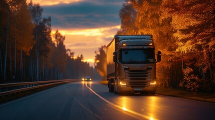 A big driving fast truck with a red trailer and other cars on a countryside road with autumn trees against a blue sky with a sunset