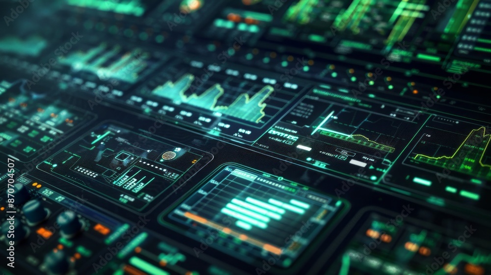Aufkleber A close-up shot of a futuristic interface with green data visualizations and controls