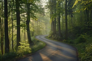 Obraz premium Curved road winding through misty forest with sunbeams
