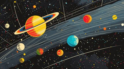 A colorful illustration of the solar system displayed in a modern planetarium