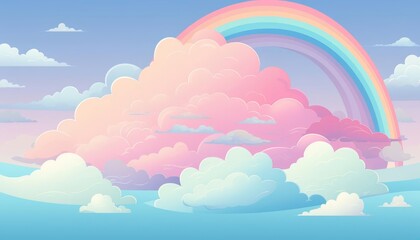 Fototapeta premium Rainbow in cloudy sky, flat design, front view, uplifting theme, animation, Complementary Color Scheme