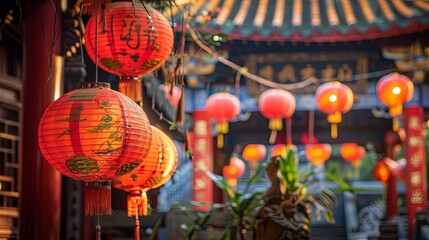 Chinese red Lanterns in temple, happy Lunar New Year holiday. Chinese sentence means happiness, healthy, Lucky and Wealthy