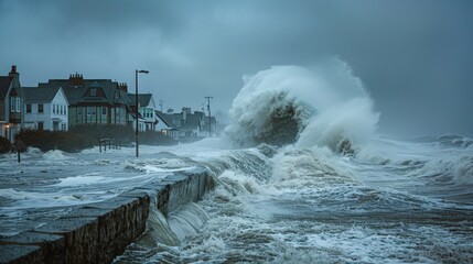 A storm surge crashing over a seawall, flooding a coastal town and threatening seaside buildings.