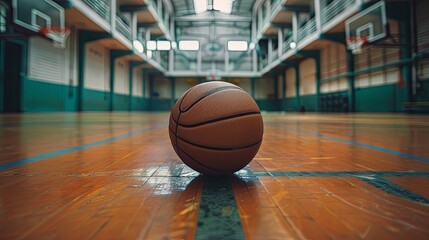 Bangkok, Thailand Basketball ball placed on court floor in the basketball gym. View from Empty basketball gym, Space for text, Selective focus.