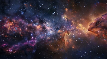 A panoramic view of a galaxy with vibrant nebulae and twinkling stars