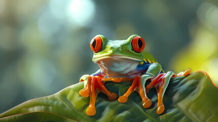Fototapeta premium Cute frog sitting on the edge of an object