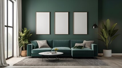 Modern luxury interior designs. Empty painted wall for mockup. accent furniture and a blank background. mockup wall, three vertical empty frames on the wall, interior mockup, mockup, PSD mockup