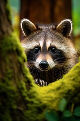 A curious raccoon peeking out from behind a tree trunk in a lush forest setting on an emerald green background to the right of center and looking towards the center with bright eyes