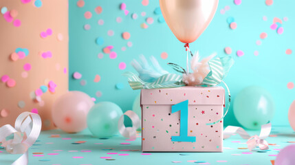 First Birthday Box with Balloons and Confetti