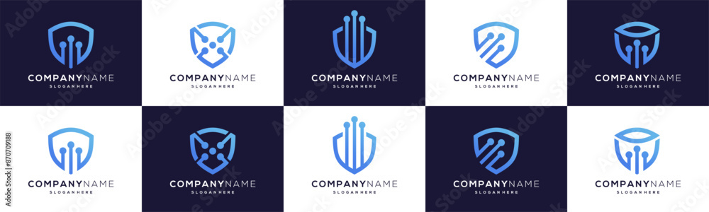 Wall mural collection of shield technology vector logo ideas. abstract design of cyber security or system prote