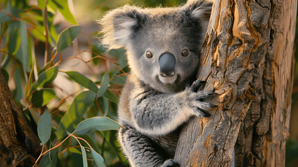 Obraz premium Baby koala clinging to eucalyptus tree