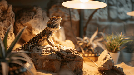 Bearded dragon on rock under heat lamp