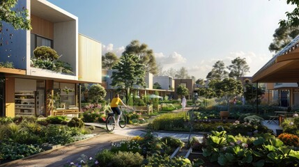 Fototapeta premium A suburban eco-village with passive solar homes, communal gardens, and residents cycling on shared paths.