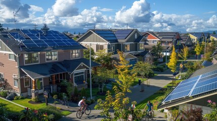 A suburban neighborhood with eco-friendly houses, solar panels, and residents cycling on dedicated bike paths.