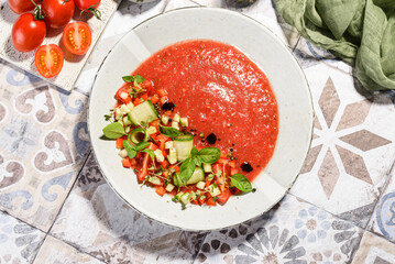gazpacho food styling on a tile background