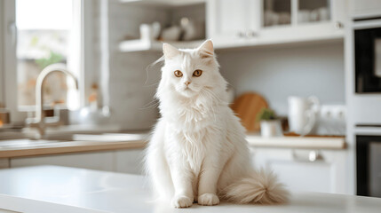 White Persian cat sitting on kitchen counter