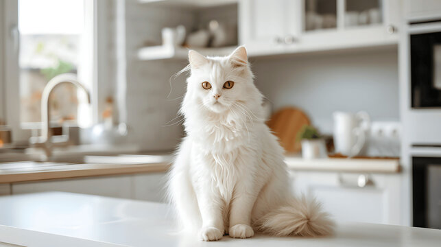 White Persian cat sitting on kitchen counter