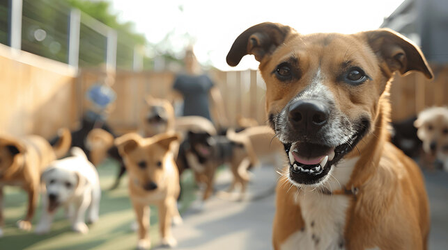 Happy dogs playing at animal rescue center