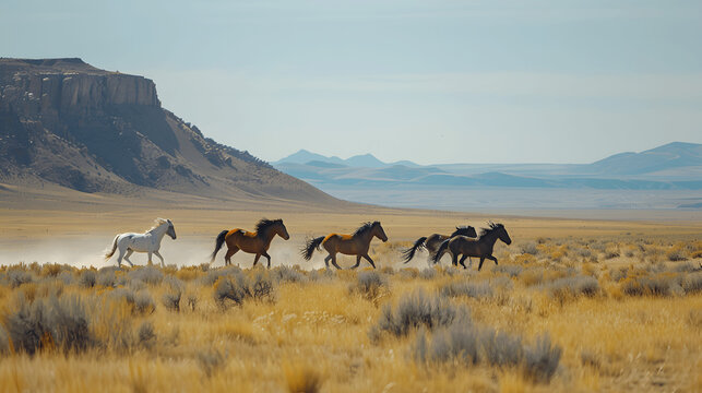Wild mustangs running freely across plain
