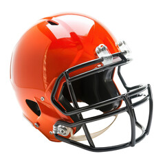Fototapeta premium Orange football helmet with black faceguard isolated on white background, suitable for sports and safety-themed projects.
