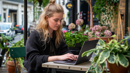 Young professional working remotely on her laptop at a quaint café terrace adorned with potted plants.
